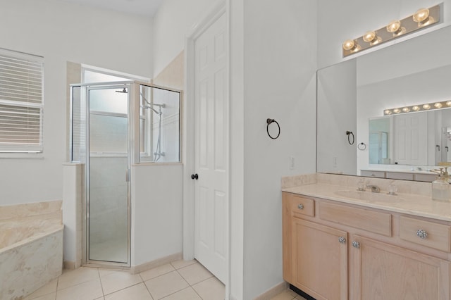 7200 NW Turtle Walk, Boca Raton, FL 33487 - bathroom with vanity, a bath, a shower stall, and tile patterned flooring