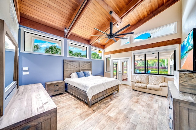1819 SW Crane Crk, Palm City, FL 34990 - bedroom featuring a wooden ceiling with exposed beams, access to exterior, light wood-style flooring, high vaulted ceiling, and french doors