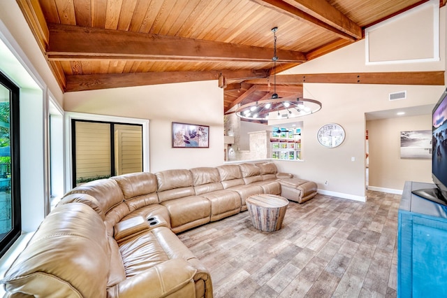 1819 SW Crane Crk, Palm City, FL 34990 - living area with a wood ceiling with exposed beams, light wood-style flooring, and high vaulted ceiling