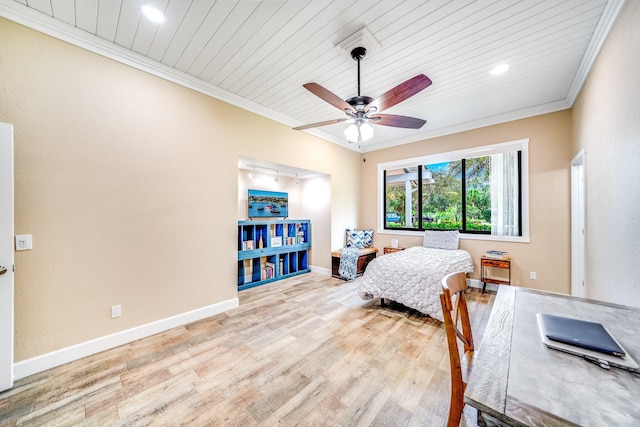 1819 SW Crane Crk, Palm City, FL 34990 - bedroom with wooden ceiling, crown molding, wood finished floors, a ceiling fan, and recessed lighting