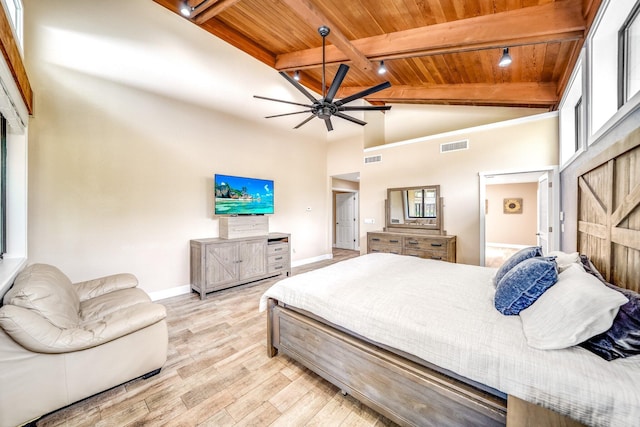1819 SW Crane Crk, Palm City, FL 34990 - bedroom featuring a wooden ceiling with exposed beams, light wood-style floors, and high vaulted ceiling