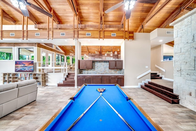 1819 SW Crane Crk, Palm City, FL 34990 - recreation room with a wood ceiling with exposed beams, a ceiling fan, wood finished floors, and billiards