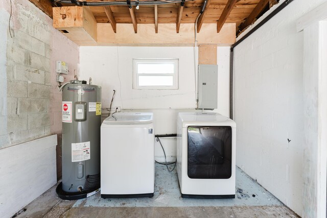 450 NE 38th St, Boca Raton, FL 33431 - washroom with washing machine and dryer, electric water heater, electric panel, and concrete block wall