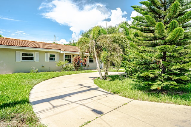 450 NE 38th St, Boca Raton, FL 33431 - view of front of house with stucco siding, a tile roof, curved driveway, and a front yard