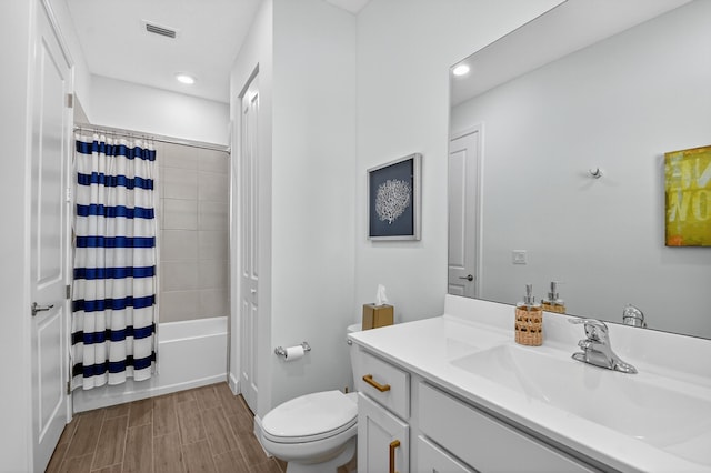 14929 Three Ponds Trl, Delray Beach, FL 33446 - full bathroom featuring vanity, wood finish floors, shower / bathtub combination with curtain, and recessed lighting