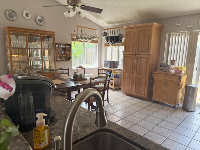 1131 SW 87th Ave, Pembroke Pines, FL 33025 - dining room with ceiling fan, a textured ceiling, light tile patterned flooring, and vaulted ceiling