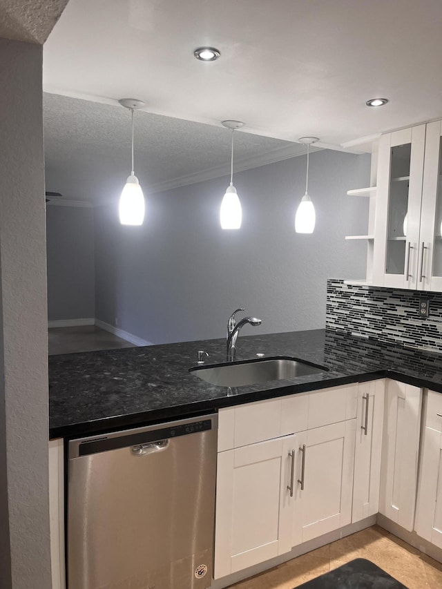 9467 Boca Cove Cir Unit 804, Boca Raton, FL 33428 - kitchen featuring stainless steel dishwasher, white cabinets, dark stone countertops, backsplash, and recessed lighting