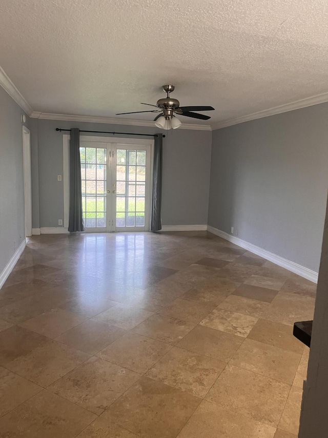 9467 Boca Cove Cir Unit 804, Boca Raton, FL 33428 - spare room featuring french doors, a textured ceiling, ornamental molding, and ceiling fan