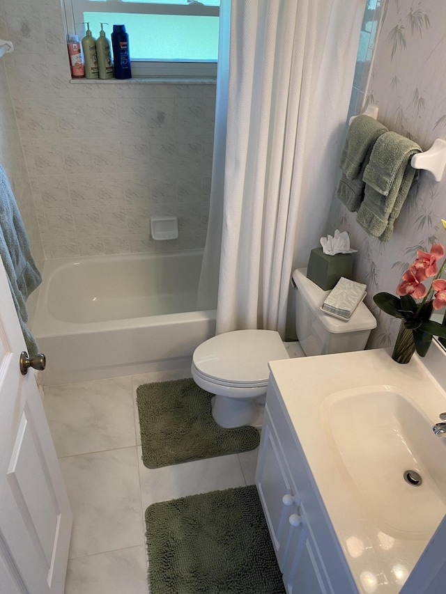 3053 SE Darien Rd, Port Saint Lucie, FL 34952 - bathroom with tile patterned floors, shower / bath combination with curtain, vanity, and wallpapered walls