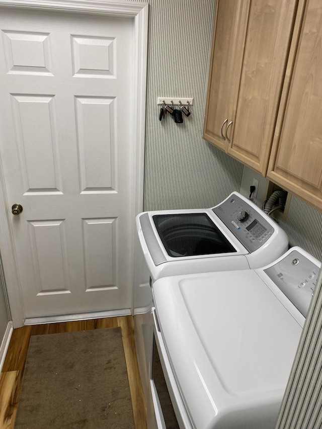 3053 SE Darien Rd, Port Saint Lucie, FL 34952 - laundry room featuring washer and clothes dryer, cabinet space, and dark wood-style floors