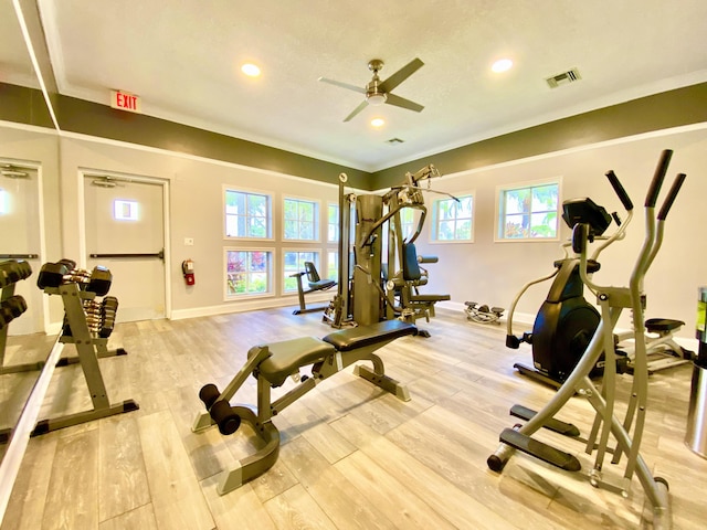 815 W Boynton Beach Blvd Unit 7-102, Boynton Beach, FL 33426 - exercise room featuring ceiling fan, light wood-style flooring, and recessed lighting