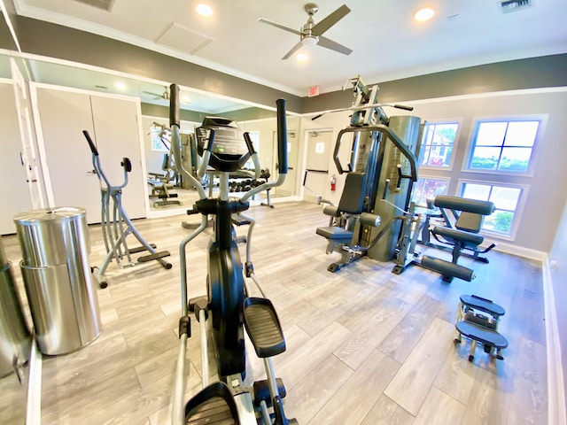 815 W Boynton Beach Blvd Unit 7-102, Boynton Beach, FL 33426 - gym featuring ceiling fan, ornamental molding, recessed lighting, and wood finished floors