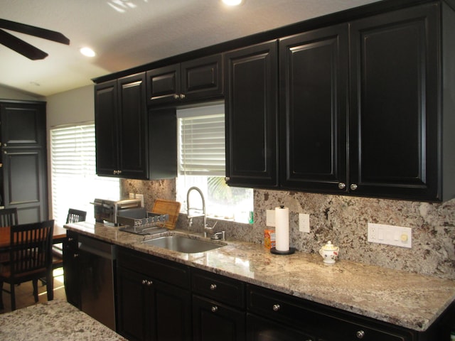 6314 Water Lilly Ln, Boynton Beach, FL 33437 - kitchen featuring dark cabinets, backsplash, light stone counters, ceiling fan, and recessed lighting