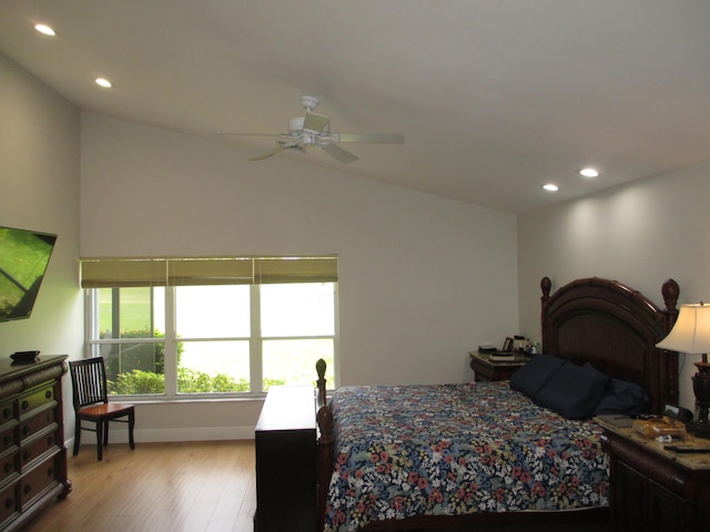 6314 Water Lilly Ln, Boynton Beach, FL 33437 - bedroom with light wood-type flooring, recessed lighting, vaulted ceiling, and ceiling fan