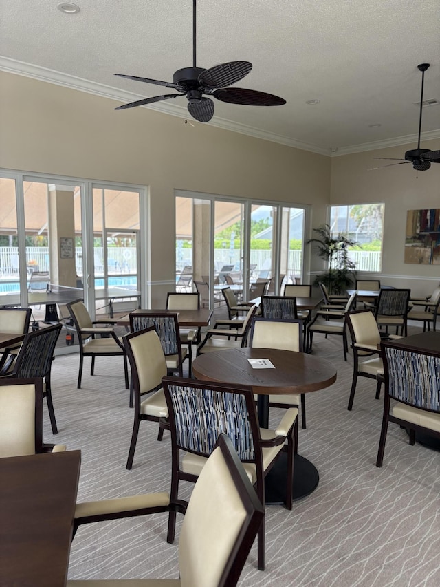 6314 Water Lilly Ln, Boynton Beach, FL 33437 - dining area featuring ceiling fan, light colored carpet, ornamental molding, and a textured ceiling
