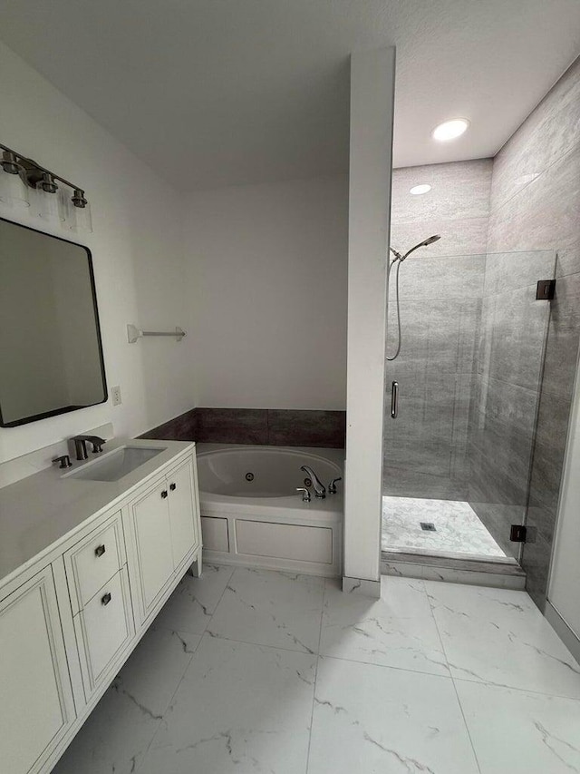 108 W Pigeon Plum Dr W Unit 102, Jupiter, FL 33458 - full bathroom with a garden tub, a shower stall, vanity, and marble look tile flooring