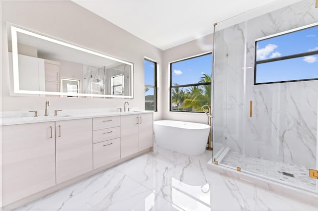 17380 Rainstream Rd, Boca Raton, FL 33496 - full bathroom featuring marble tiled flooring, double vanity, a marble finish shower, and a freestanding tub