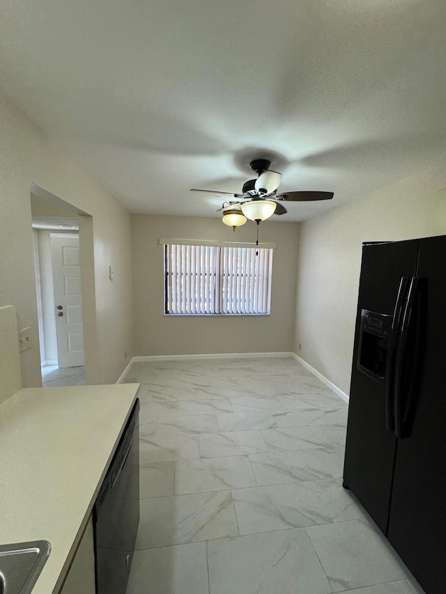 7626 Tahiti Ln Unit 204, Lake Worth, FL 33467 - kitchen featuring black fridge, light marble finish floors, ceiling fan, light countertops, and dishwashing machine
