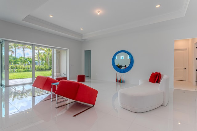 10815 Stellar Cir, Palm Beach Gardens, FL 33412 - living room featuring a raised ceiling, tile patterned floors, recessed lighting, and ornamental molding