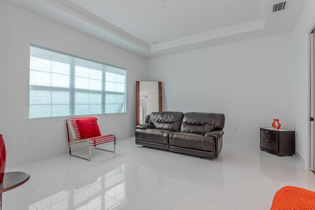 10815 Stellar Cir, Palm Beach Gardens, FL 33412 - tiled living room with crown molding and a tray ceiling