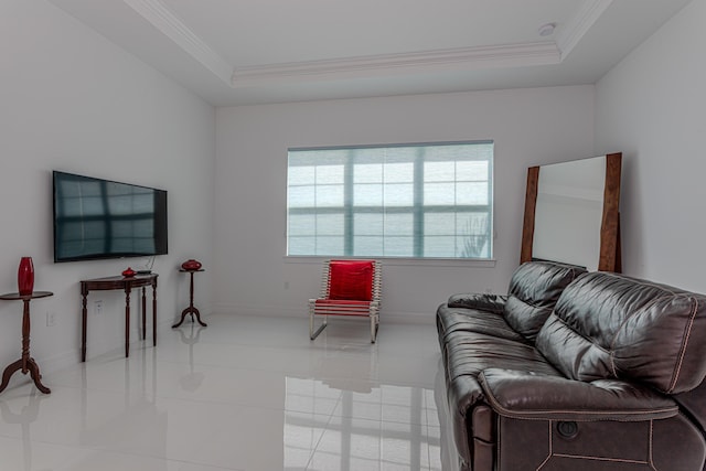10815 Stellar Cir, Palm Beach Gardens, FL 33412 - tiled living room featuring crown molding and a tray ceiling