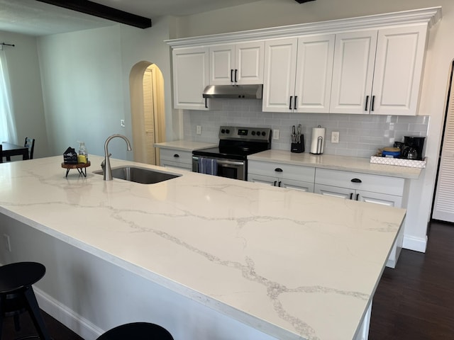 639 38th St, West Palm Beach, FL 33407 - kitchen with stainless steel electric range, under cabinet range hood, arched walkways, tasteful backsplash, and white cabinets