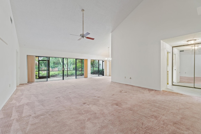 348 River Edge Rd, Jupiter, FL 33477 - unfurnished living room with high vaulted ceiling, carpet flooring, and a ceiling fan