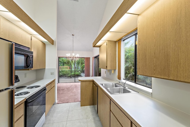348 River Edge Rd, Jupiter, FL 33477 - kitchen featuring black microwave, electric range, light countertops, light colored carpet, and a chandelier