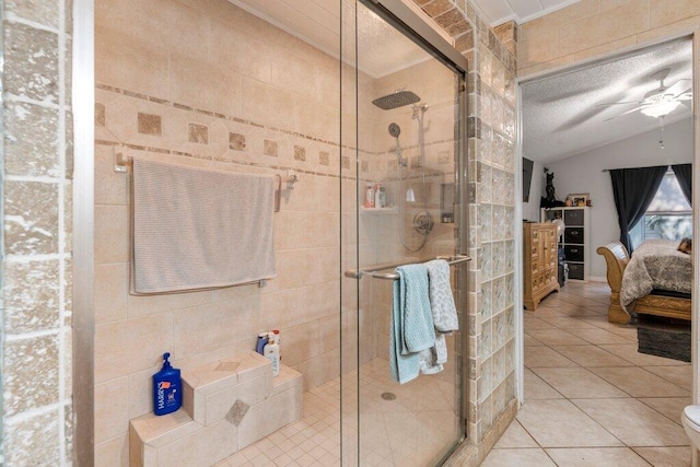 2997 SW Collings Dr, Port Saint Lucie, FL 34953 - full bathroom with tile patterned flooring, a shower stall, ceiling fan, ensuite bathroom, and a textured ceiling