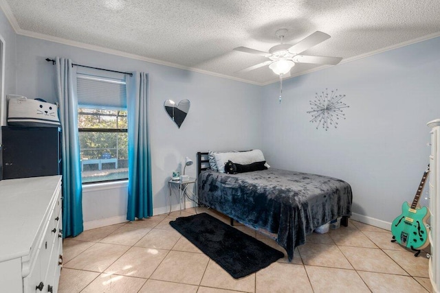 2997 SW Collings Dr, Port Saint Lucie, FL 34953 - bedroom with crown molding, a textured ceiling, light tile patterned flooring, and a ceiling fan