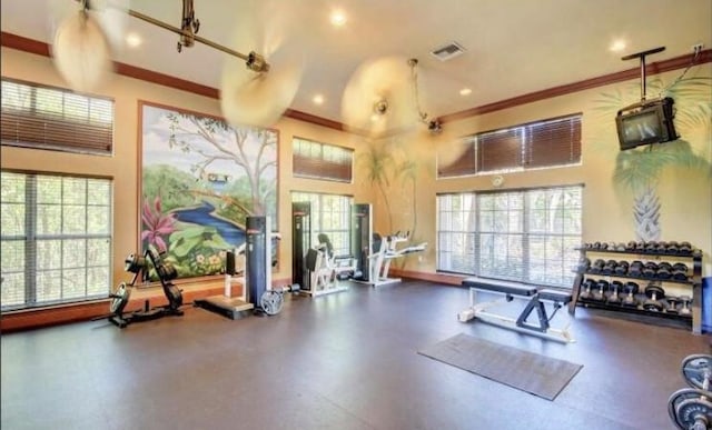1100 Scotia Dr Unit 102, Hypoluxo, FL 33462 - gym with healthy amount of natural light, crown molding, recessed lighting, and a high ceiling
