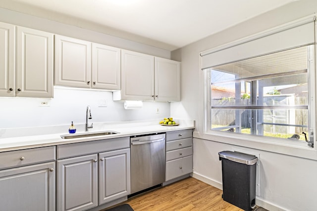 814 Green St, West Palm Beach, FL 33405 - kitchen featuring dishwasher, gray cabinets, light wood-style flooring, and light countertops