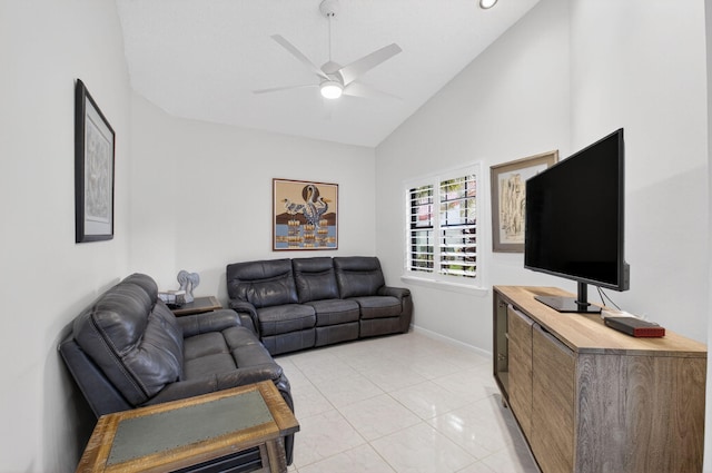 7585 Lexington Club Blvd Unit A, Delray Beach, FL 33446 - living area with ceiling fan, light tile patterned floors, and high vaulted ceiling
