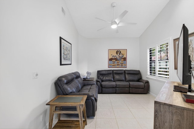 7585 Lexington Club Blvd Unit A, Delray Beach, FL 33446 - living area featuring vaulted ceiling, ceiling fan, and light tile patterned floors