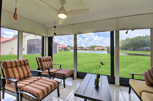 7585 Lexington Club Blvd Unit A, Delray Beach, FL 33446 - sunroom with a water view, ceiling fan, lofted ceiling, and an outdoor living space