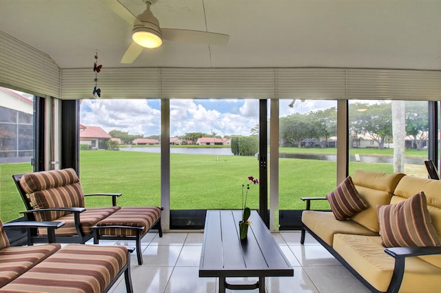 7585 Lexington Club Blvd Unit A, Delray Beach, FL 33446 - sunroom / solarium with a water view, an outdoor living space, and a ceiling fan