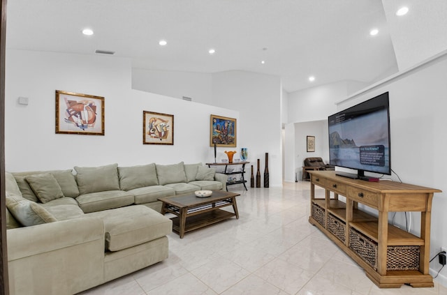 7585 Lexington Club Blvd Unit A, Delray Beach, FL 33446 - living area with recessed lighting, vaulted ceiling, and light marble finish floors
