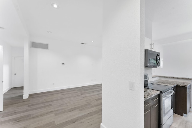 23157 Old Inlet Bridge Dr, Boca Raton, FL 33433 - kitchen featuring black microwave, electric stove, light wood finished floors, dark brown cabinetry, and recessed lighting