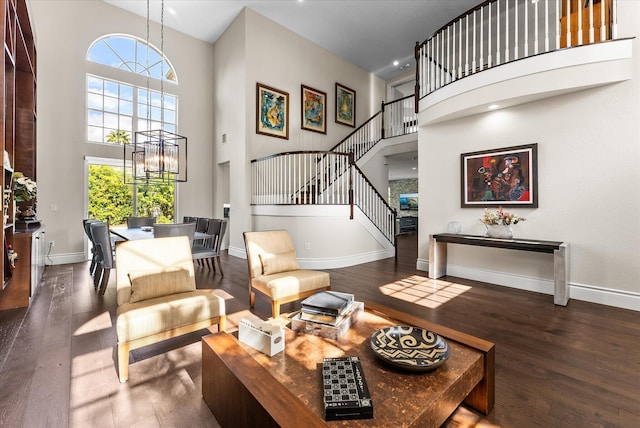 19335 Skyridge Cir, Boca Raton, FL 33498 - living room featuring a towering ceiling, stairs, wood finished floors, and recessed lighting