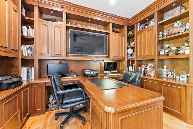 19335 Skyridge Cir, Boca Raton, FL 33498 - home office featuring built in study area, crown molding, and light wood-style floors