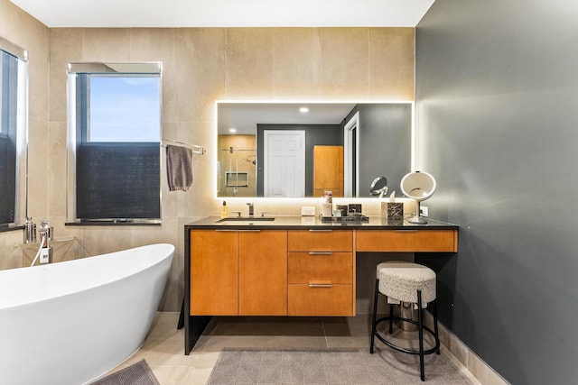 19335 Skyridge Cir, Boca Raton, FL 33498 - full bath featuring a soaking tub, double vanity, and tile patterned flooring