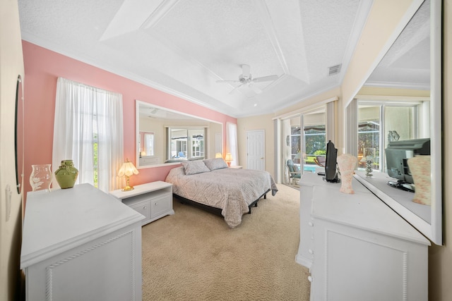 1104 SE Strathmore Dr, Port Saint Lucie, FL 34952 - bedroom with light colored carpet, multiple windows, access to exterior, ornamental molding, and a ceiling fan