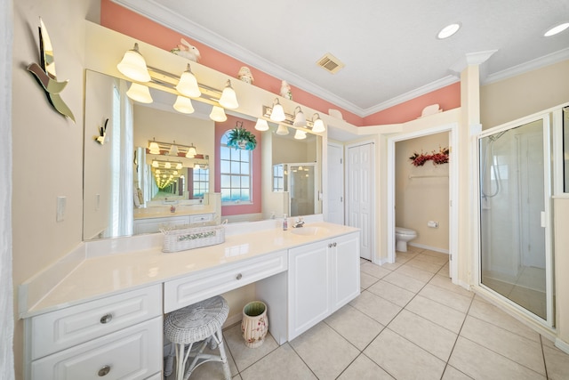 1104 SE Strathmore Dr, Port Saint Lucie, FL 34952 - bathroom featuring a stall shower, ornamental molding, vanity, and tile patterned floors