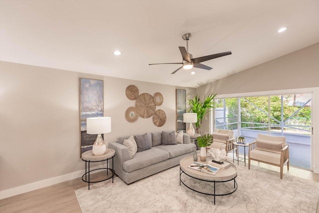 8008 Red Reef Ln, Boynton Beach, FL 33436 - living area featuring ceiling fan, recessed lighting, vaulted ceiling, and wood finished floors