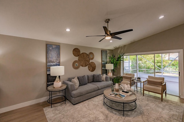 8008 Red Reef Ln, Boynton Beach, FL 33436 - living area with a ceiling fan, wood finished floors, recessed lighting, and vaulted ceiling