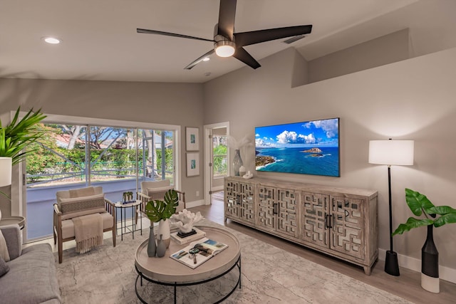 8008 Red Reef Ln, Boynton Beach, FL 33436 - living room with vaulted ceiling, ceiling fan, and recessed lighting