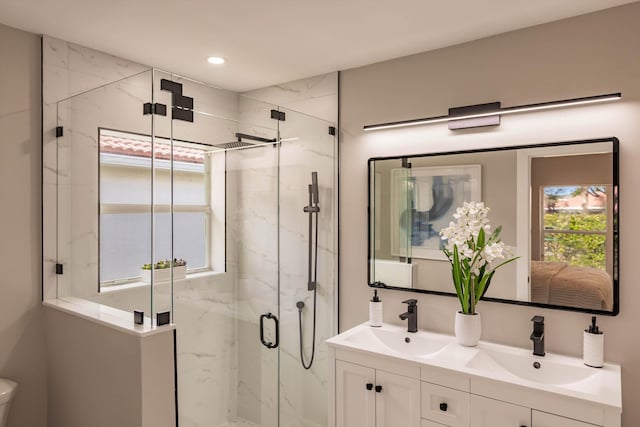 8008 Red Reef Ln, Boynton Beach, FL 33436 - full bathroom with a marble finish shower, double vanity, and recessed lighting