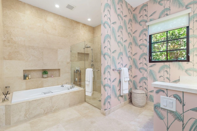 216 Summa St, West Palm Beach, FL 33405 - full bath featuring a bath, a shower stall, recessed lighting, and wallpapered walls