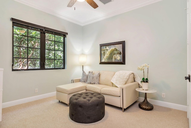 216 Summa St, West Palm Beach, FL 33405 - living room with carpet floors, ceiling fan, and ornamental molding
