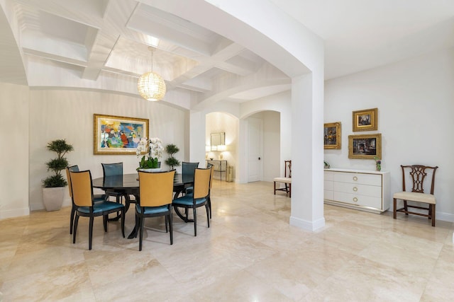 216 Summa St, West Palm Beach, FL 33405 - dining room featuring arched walkways, coffered ceiling, beam ceiling, and a chandelier